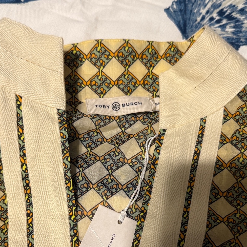 Tory Burch Men's Shirt with Yellow and Cream Geometric Design